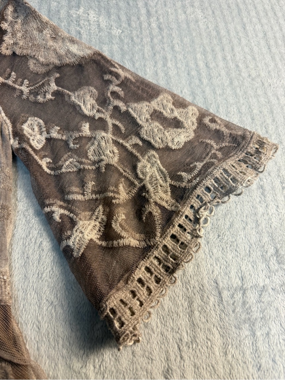 Embroidered Boho Peplum Top S Taupe Lace Mesh Cottagecore - Picture 5 of 12